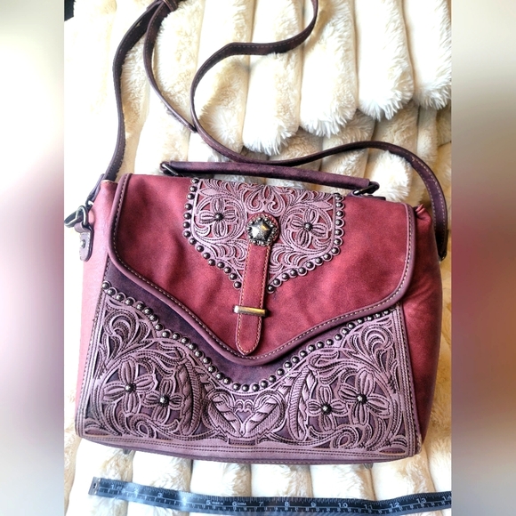 Montana West Beautifully Embossed Burgundy/Red Wine Western Handbag - Picture 1 of 15